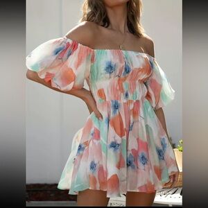 Boutique Flowy Abstract Floral Summer Dress Pastels Colorful Puff Beach Vacation